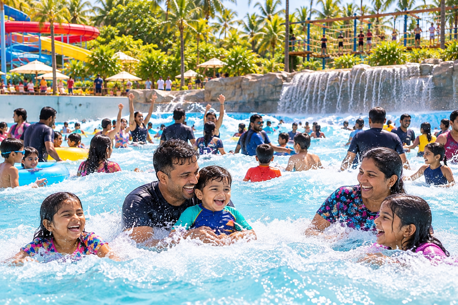 kids with parents enjoying the water park wavepool at clubcabana